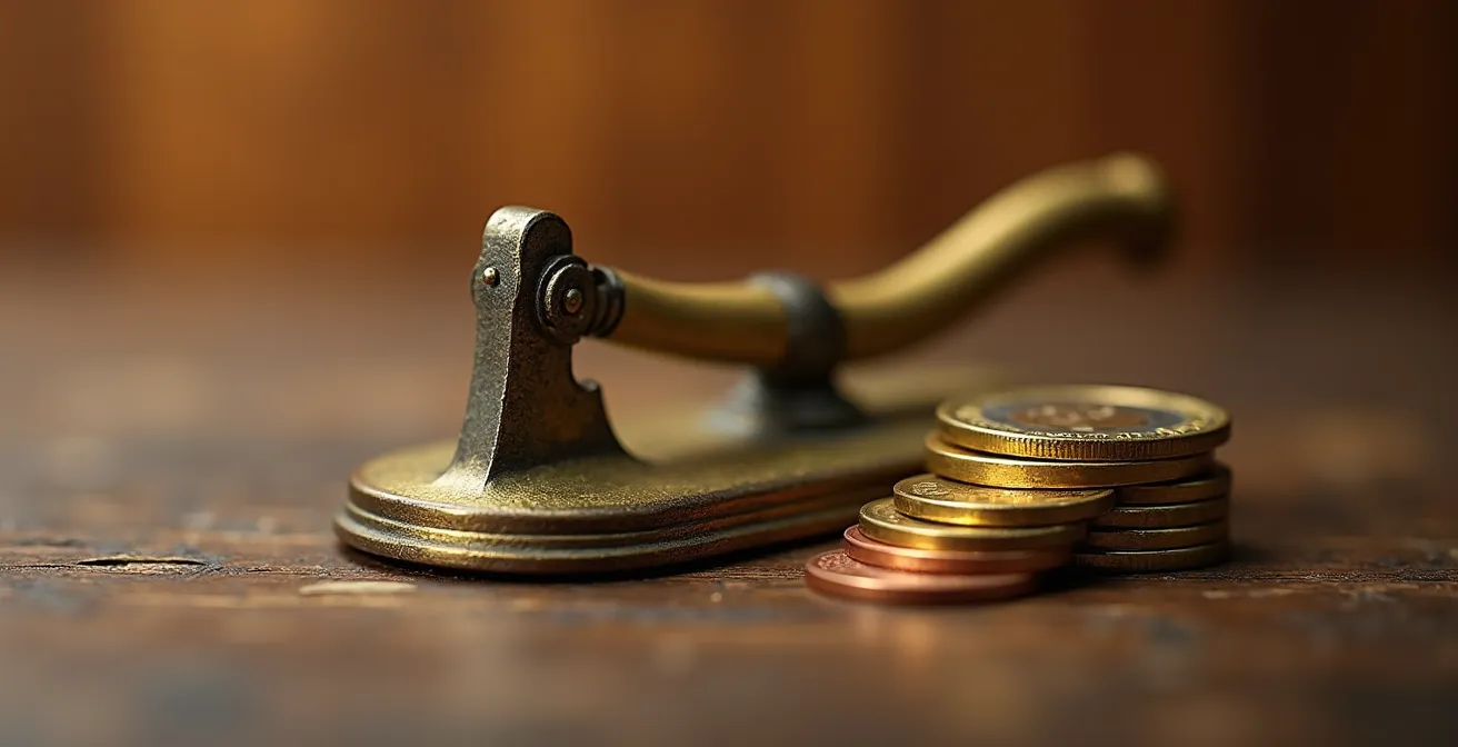 Balance de justice avec calculatrice et pièces de monnaie