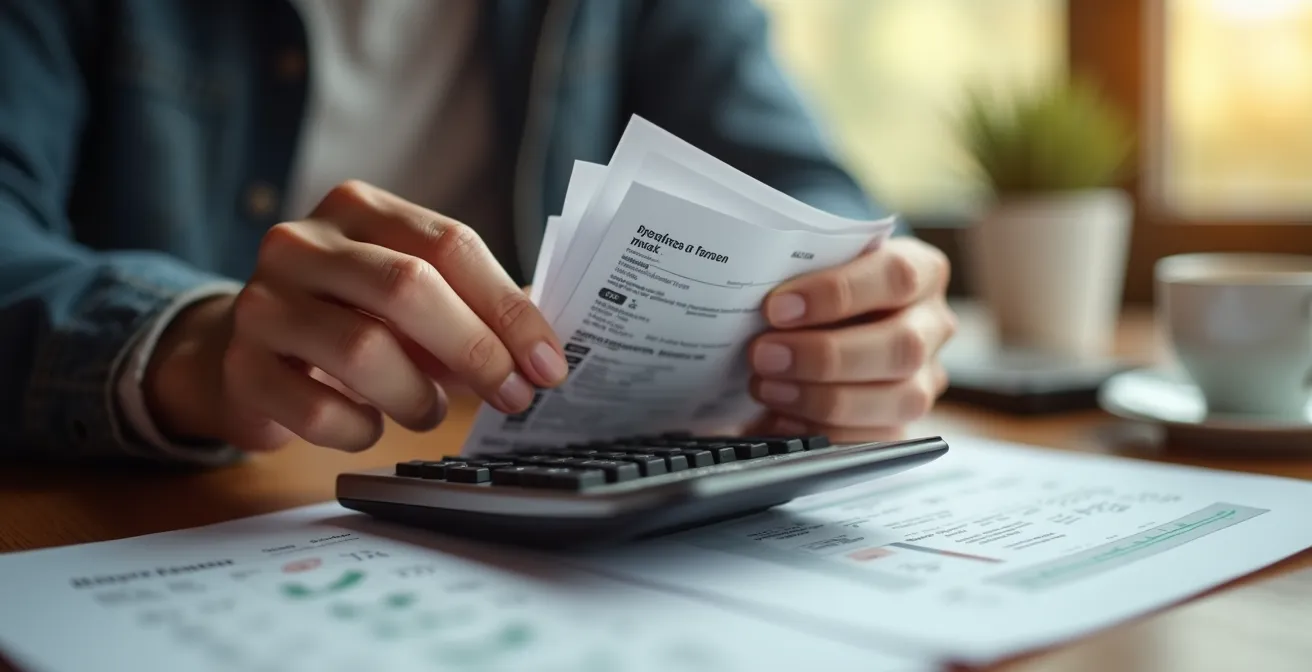 Personne examinant des factures avec une calculatrice