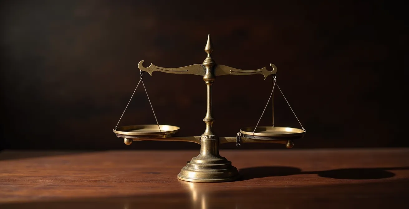 Balance de justice ancienne en équilibre symbolisant l'évaluation de la libération d'une caution