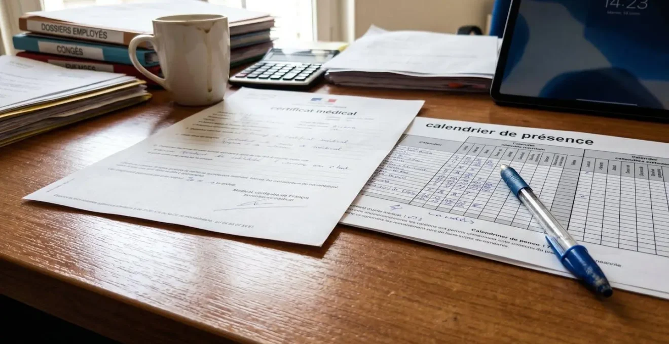 Certificat médical et calendrier de présences posés sur un bureau, documents administratifs d'entreprise, macro détail