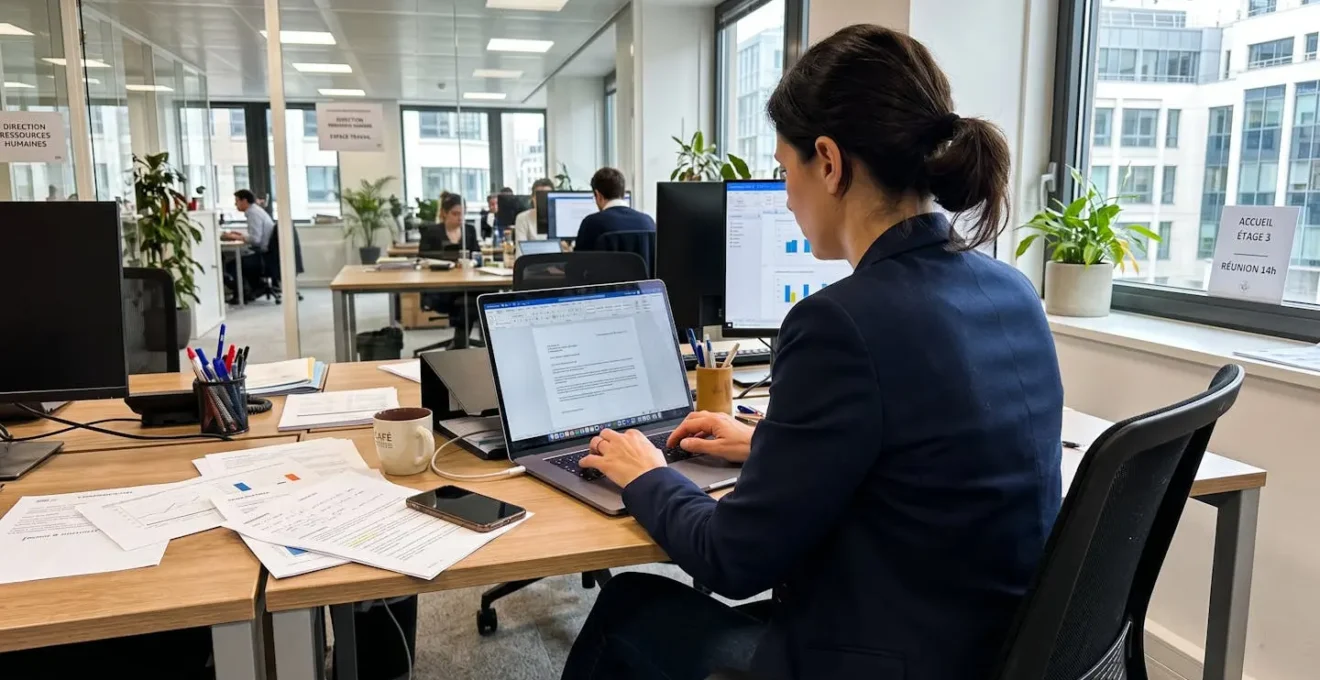 Professionnel RH de dos rédigeant une lettre de convocation disciplinaire sur ordinateur, bureau moderne, lumière naturelle