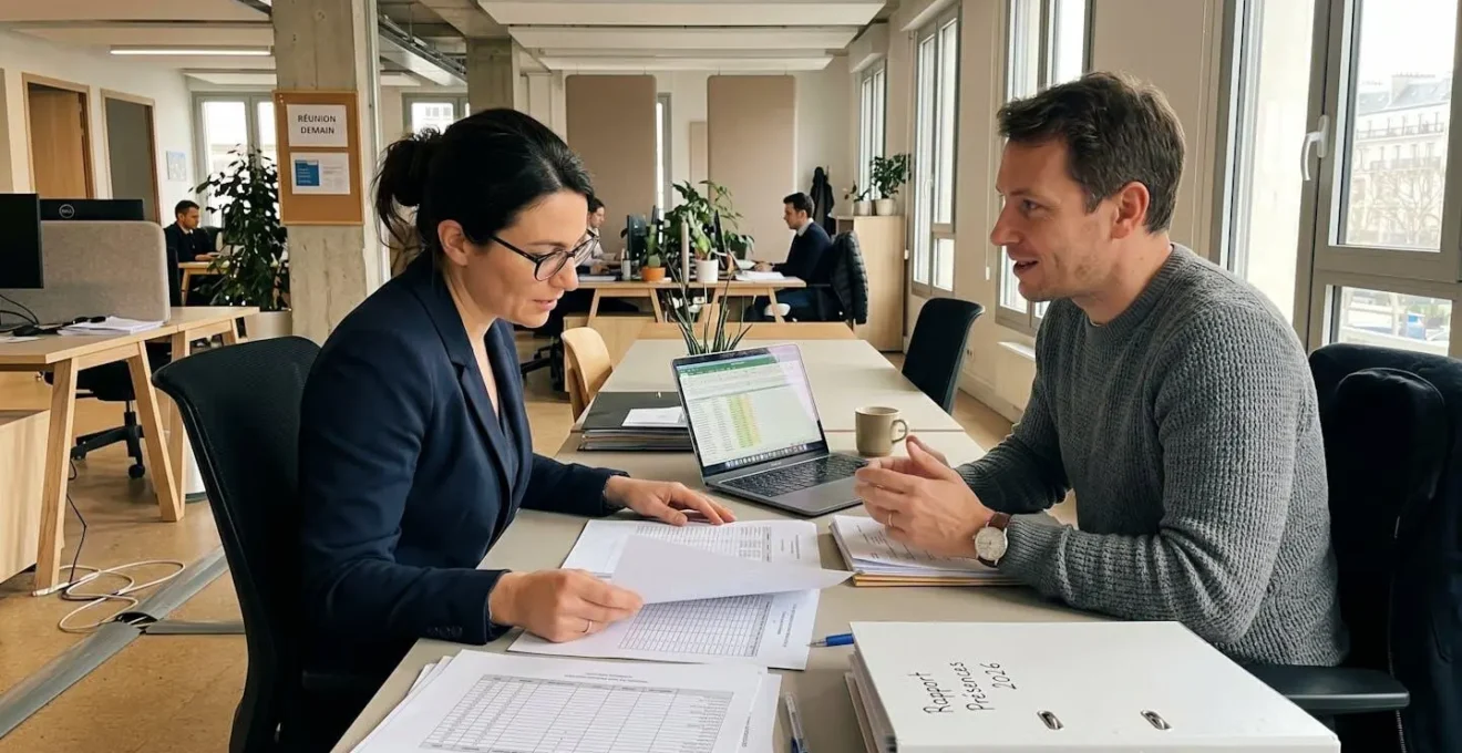 Deux professionnels RH examinent un dossier d'absences d'un salarié dans un bureau moderne, de profil, lumière naturelle