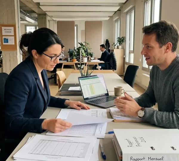 Deux professionnels RH examinent un dossier d'absences d'un salarié dans un bureau moderne, de profil, lumière naturelle