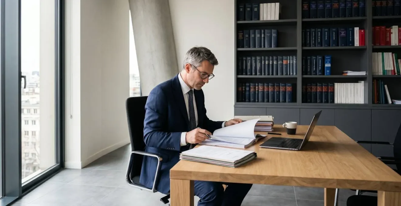 Avocat dans son bureau professionnel consultant des dossiers juridiques avec bibliothèque de codes de droit en arrière-plan