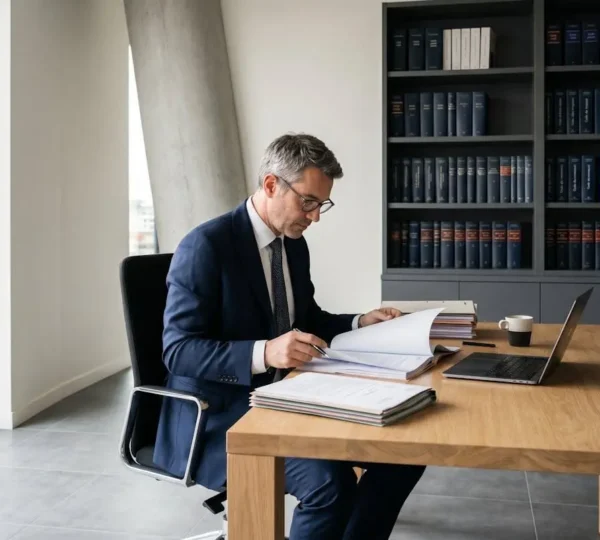 Avocat dans son bureau professionnel consultant des dossiers juridiques avec bibliothèque de codes de droit en arrière-plan