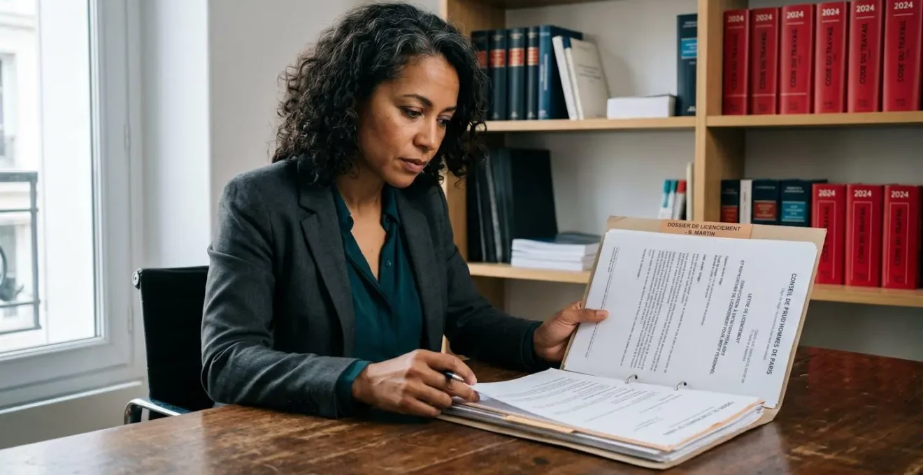 Avocate en droit du travail examinant dossier de licenciement avec documents officiels français sur bureau professionnel, lumière naturelle latérale