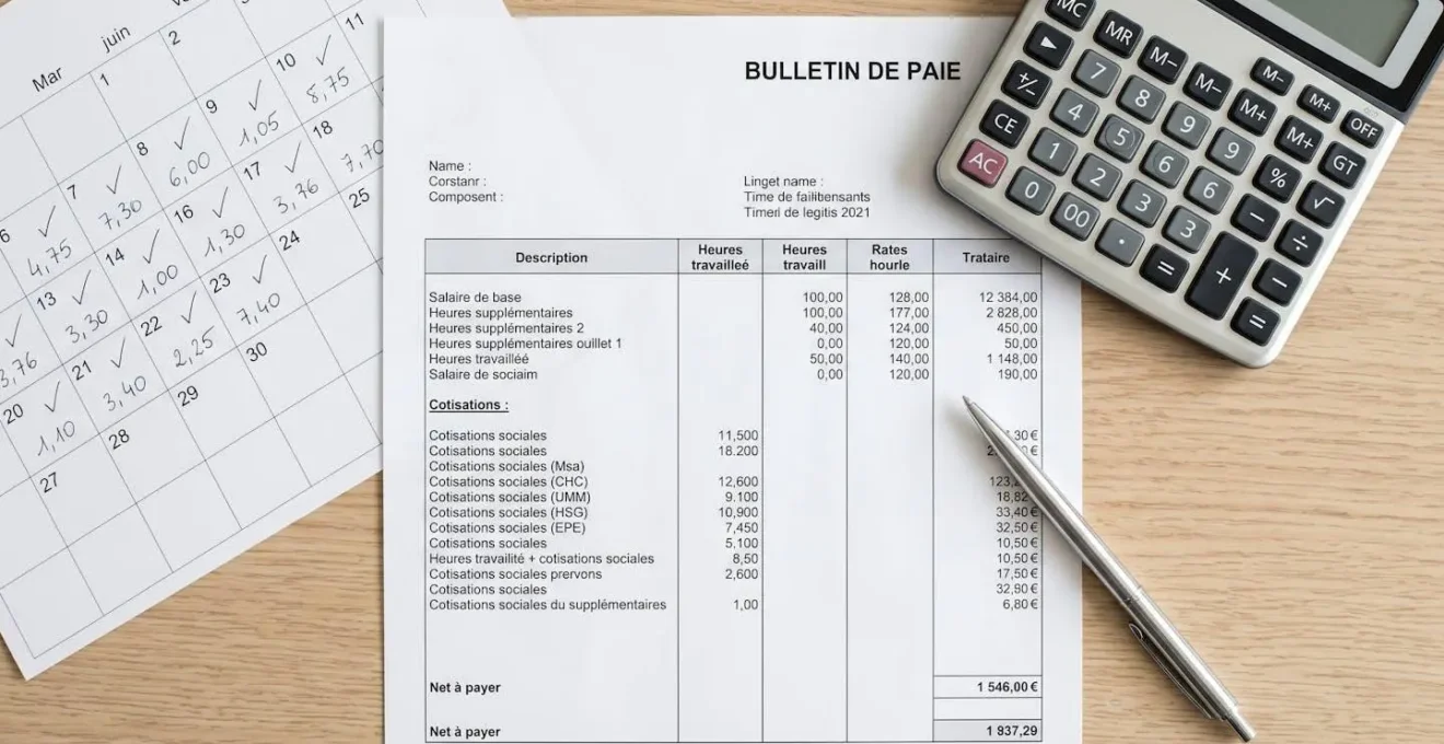 Bulletin de paie français posé sur bureau avec calculatrice et calendrier de pointage, éclairage naturel, vue de dessus