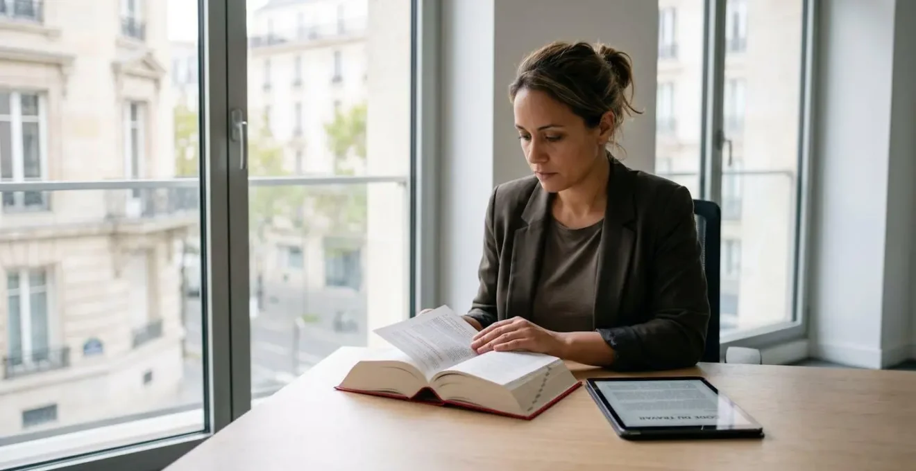 Femme consultant le Code du travail français relié rouge à un bureau moderne avec tablette affichant des articles de loi, lumière naturelle
