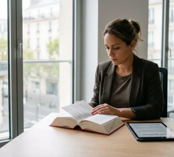 Femme consultant le Code du travail français relié rouge à un bureau moderne avec tablette affichant des articles de loi, lumière naturelle
