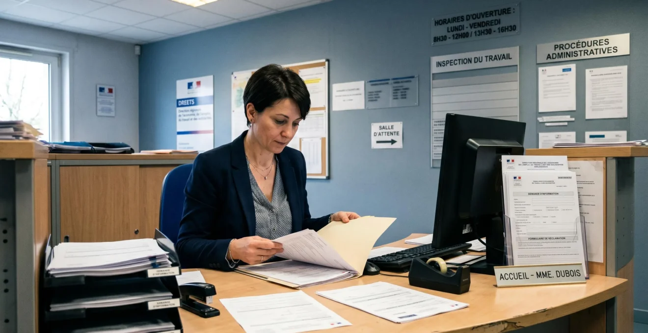 Guichet d'accueil d'une DREETS avec agent administratif consultant un dossier, documents et signalétique en français, atmosphère de service public accessible