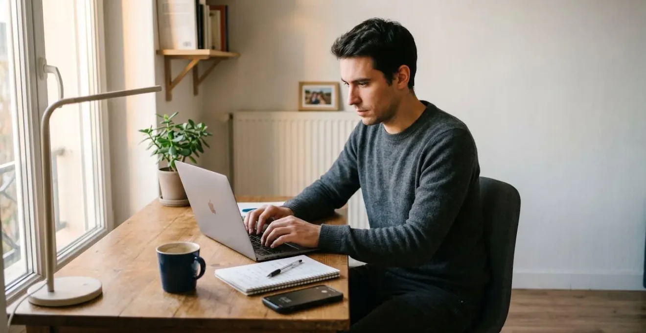 Poste de télétravail à domicile avec homme travaillant sur ordinateur portable, bureau simple en bois, lumière naturelle latérale douce, décor sobre et authentique