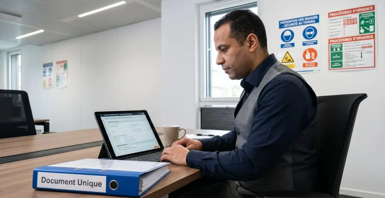 Responsable HSE complétant le Document Unique d'Évaluation des Risques sur tablette dans un bureau moderne avec fiches de prévention au mur