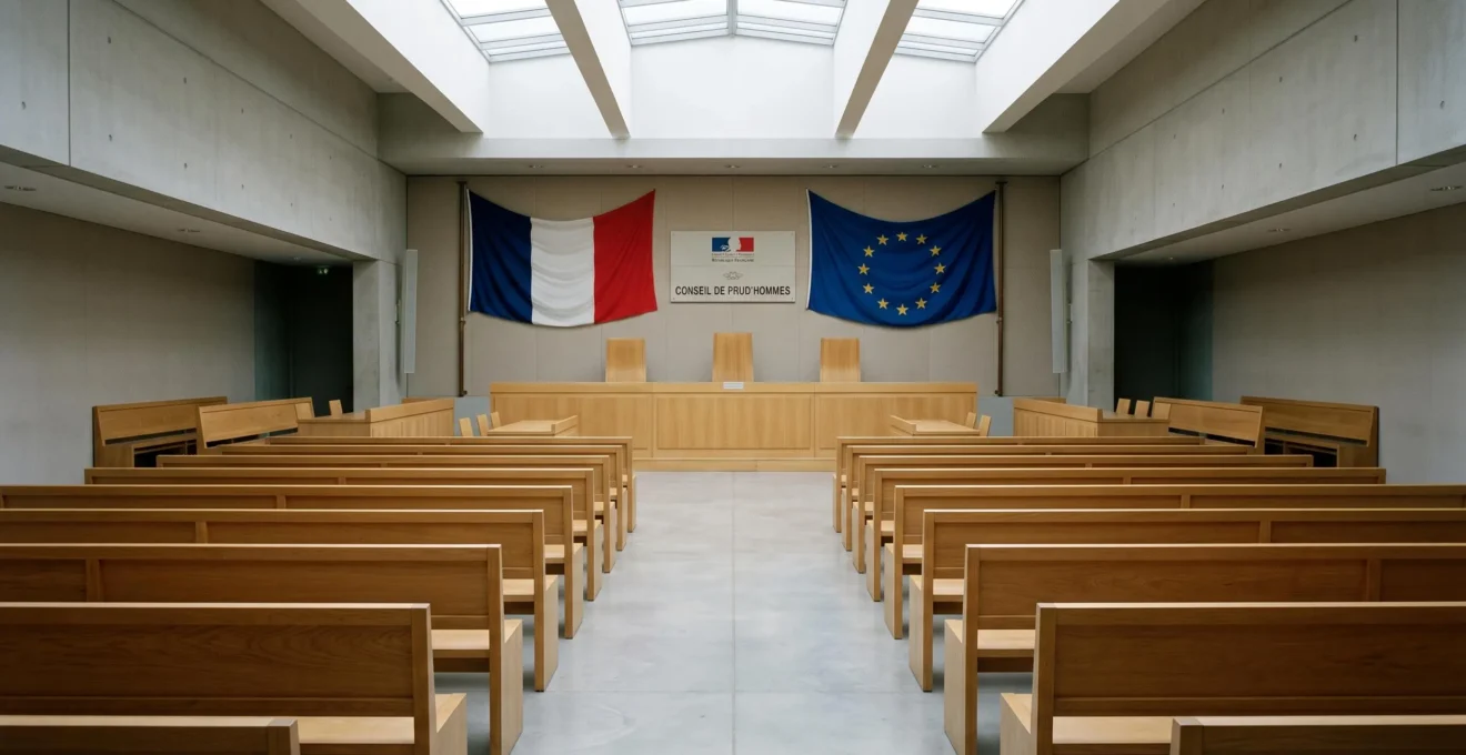 Salle d'audience vide d'un Conseil de prud'hommes français avec mobilier institutionnel en bois clair, drapeaux tricolore et européen, lumière naturelle zénithale