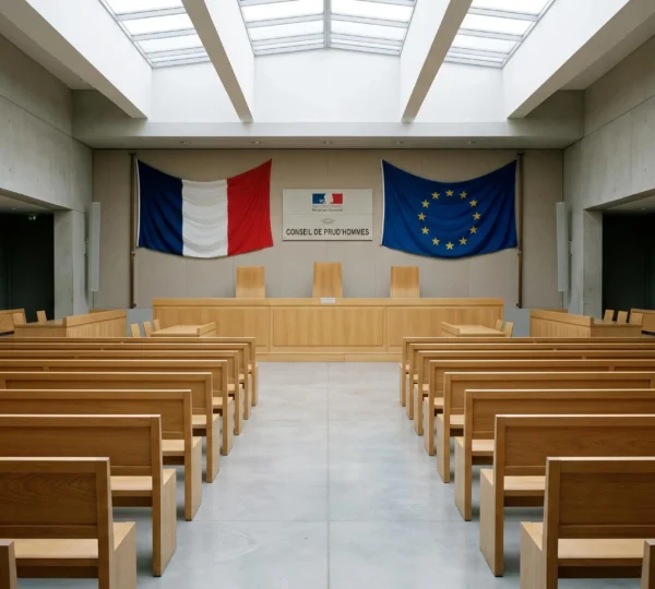 Salle d'audience vide d'un Conseil de prud'hommes français avec mobilier institutionnel en bois clair, drapeaux tricolore et européen, lumière naturelle zénithale