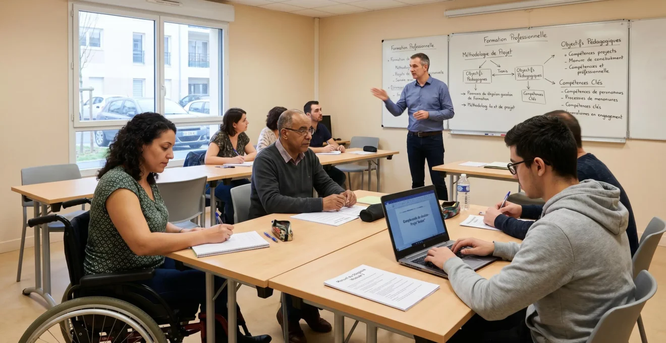 Salle de formation professionnelle avec groupe diversifié incluant jeune apprenti, personne en fauteuil roulant et formateur près d'un tableau blanc, session d'apprentissage active