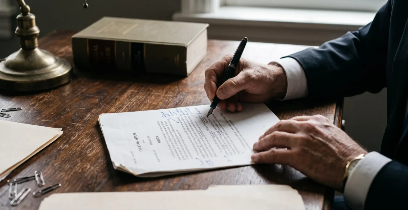 Les mains d'un avocat annotent une décision de justice sur un bureau.