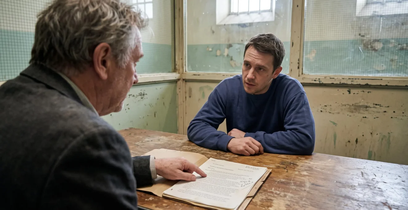 Un avocat examine un dossier avec un client dans une salle de parloir.