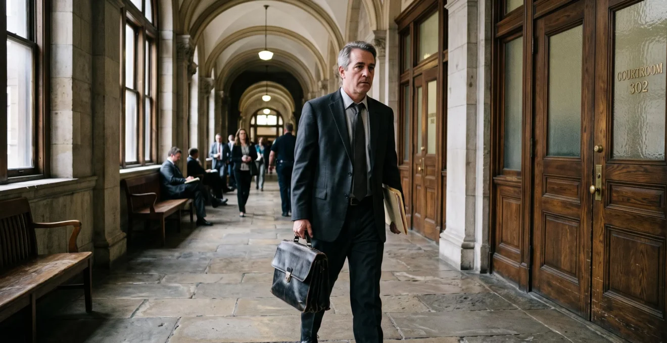 Un avocat pénaliste traverse le couloir d'un palais de justice, dossier sous le bras.